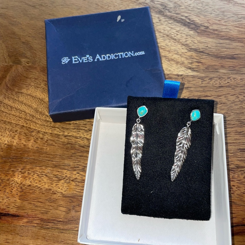 Sterling Silver Leaf And Turquoise Dangle Earrings- NEVER WORN!